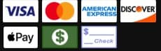 Accepted payment methods: Visa, Mastercard, American Express, Discover, Apple Pay, Cash, Check